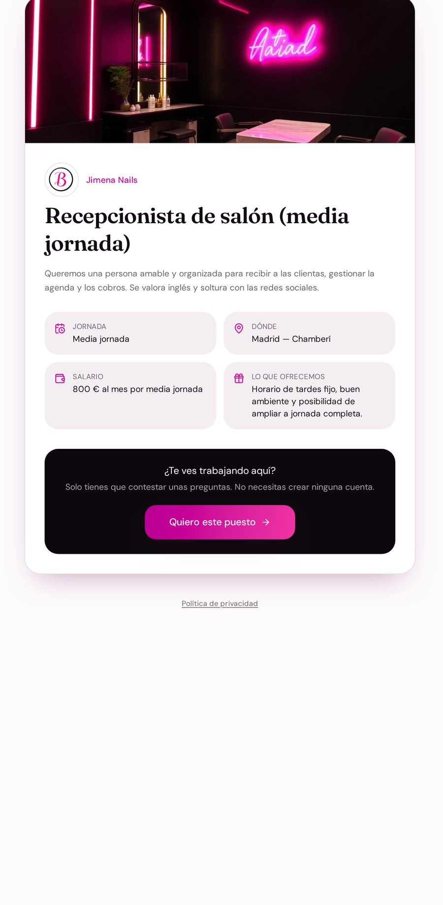 Ficha-anuncio pública de una vacante de recepcionista con la marca del salón