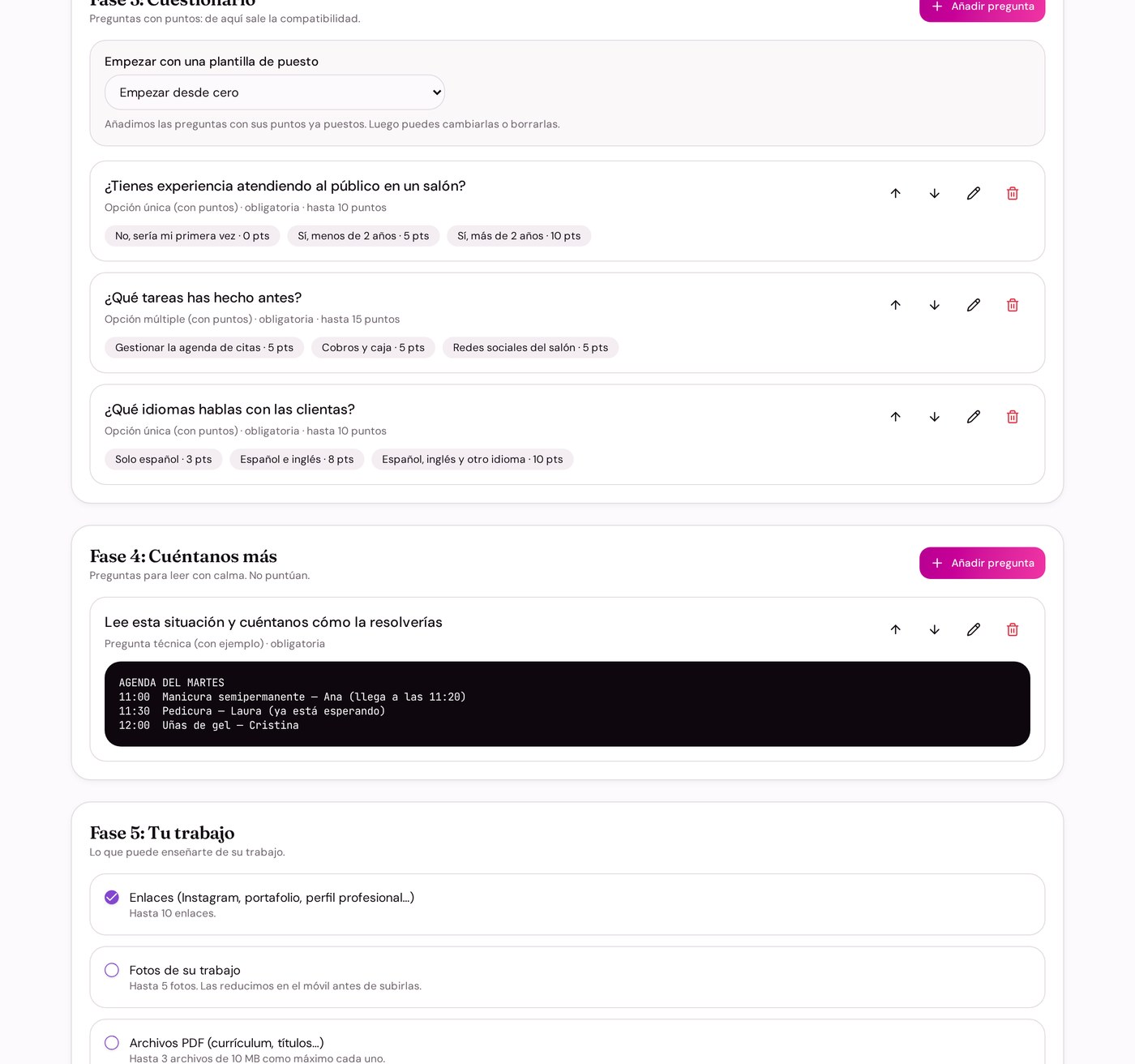 Editor de cuestionario con una plantilla de puesto aplicada y los puntos de cada respuesta