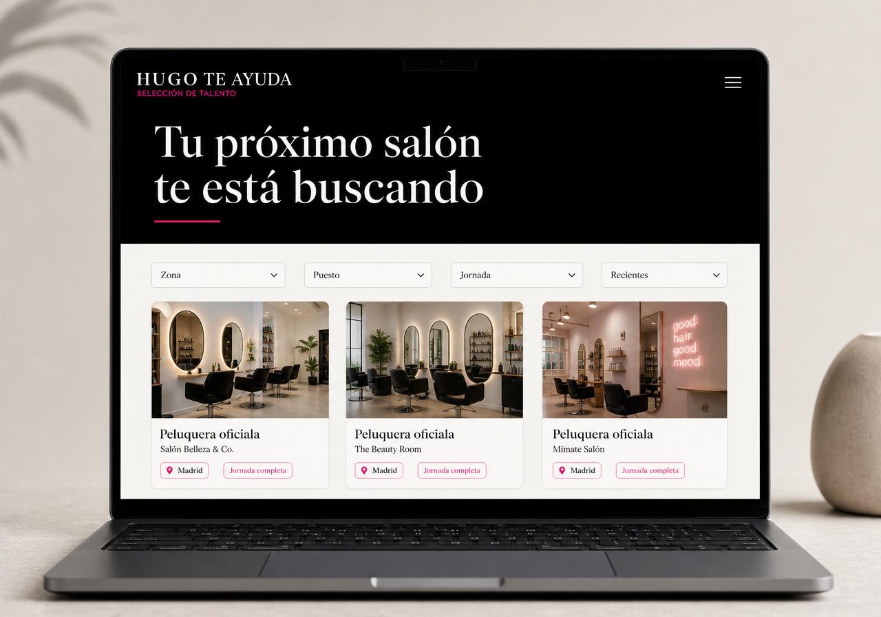 Página pública de vacantes de Hugo Te Ayuda con varias ofertas de salones