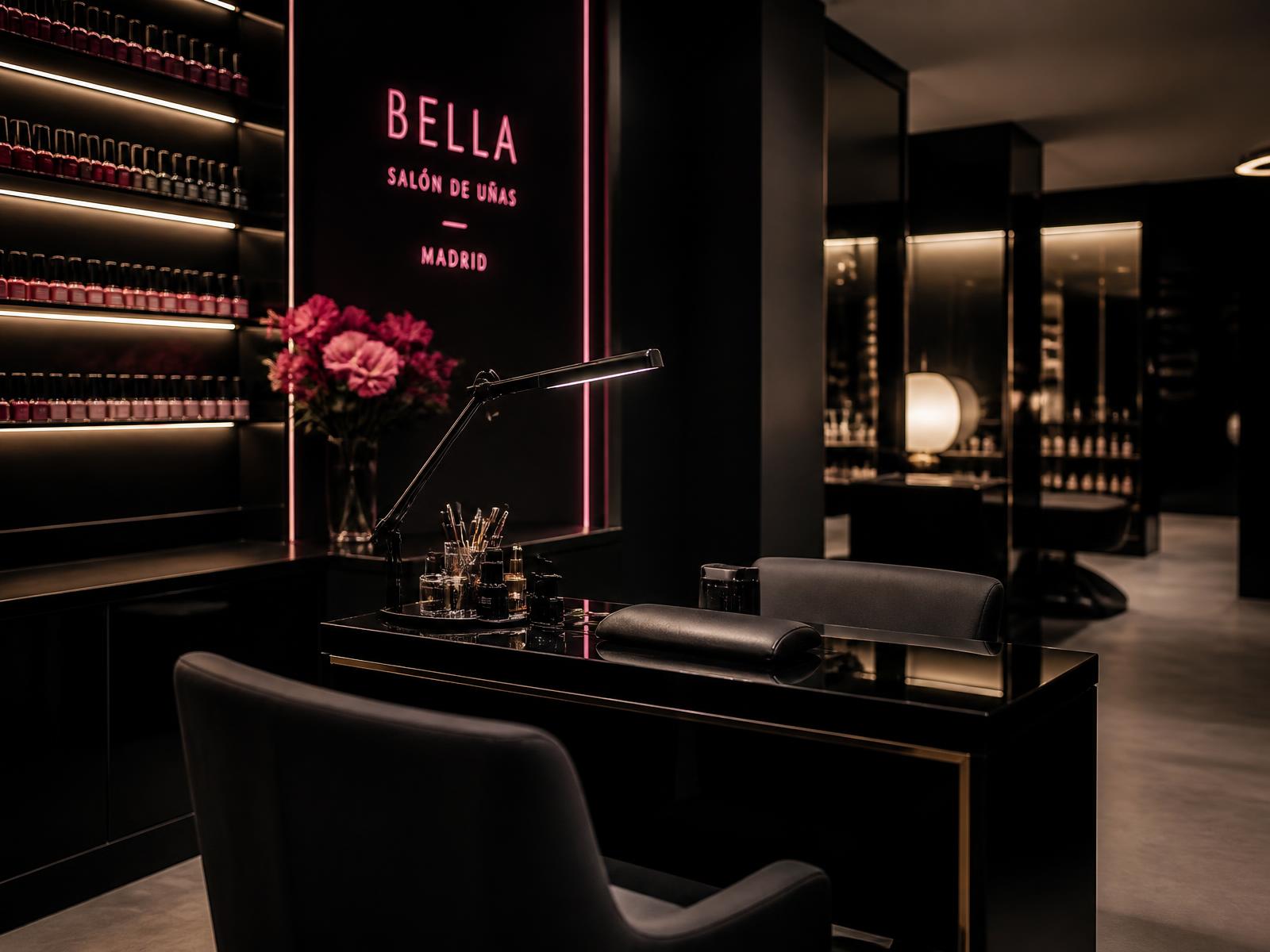 Interior elegante de un salón de belleza en tonos negros y fucsia